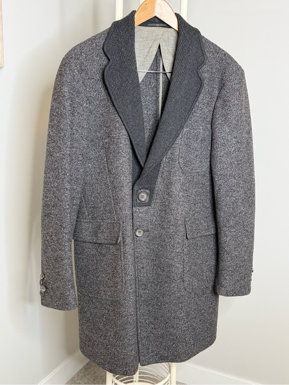 Fendi Gray Wool-Blend Pea Coat with Dark Gray Shawl Collar